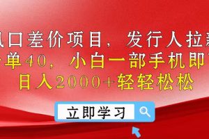 (10827期)风口差价项目,发行人拉新,差价一单40,小白一部手机即可操作,日入20…