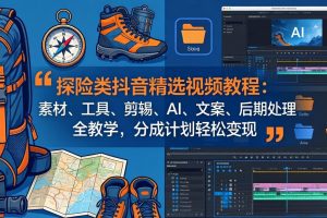 （17994期）探险类抖音精选视频教程：素材、工具、剪辑、AI、文案、后期处理全教学，分成计划轻松变现