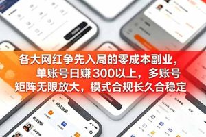 （19092期）各大网红争先入局的零成本副业，单账号日赚 300 以上，多号矩阵可放大，模式合规长久稳定！