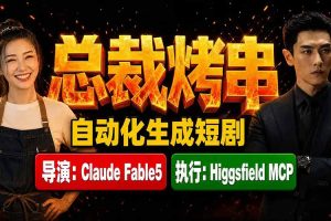 （19541期）《总裁烤串》真人短剧全自动诞生！Claude Fable5 当导演，Higgsfield MCP 执行！