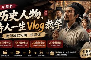 （19758期）历史人物，诗人一生Vlog教学， AI制作丨伙伴计划丨精选收益丨商单收徒 ，新领域红利期，抓紧做