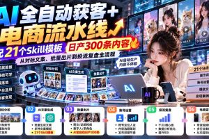 (20729期)【无水印】AI全自动获客+电商流水线-更新完结:配21个Skill模板,日产300条内容,从对标文案、批量出片到投流全流程